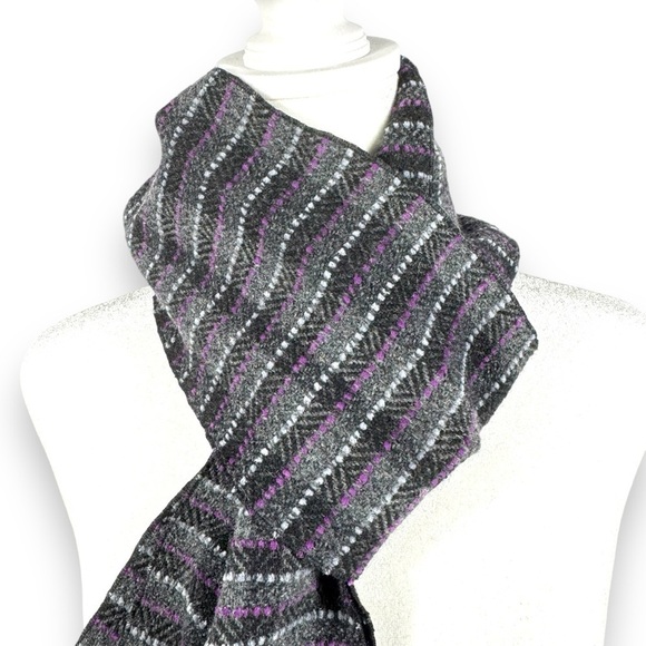 Avoca The Mill Lambswool Cashmere Chenille Blend Striped Scarf, Grey/Purple - Picture 2 of 11
